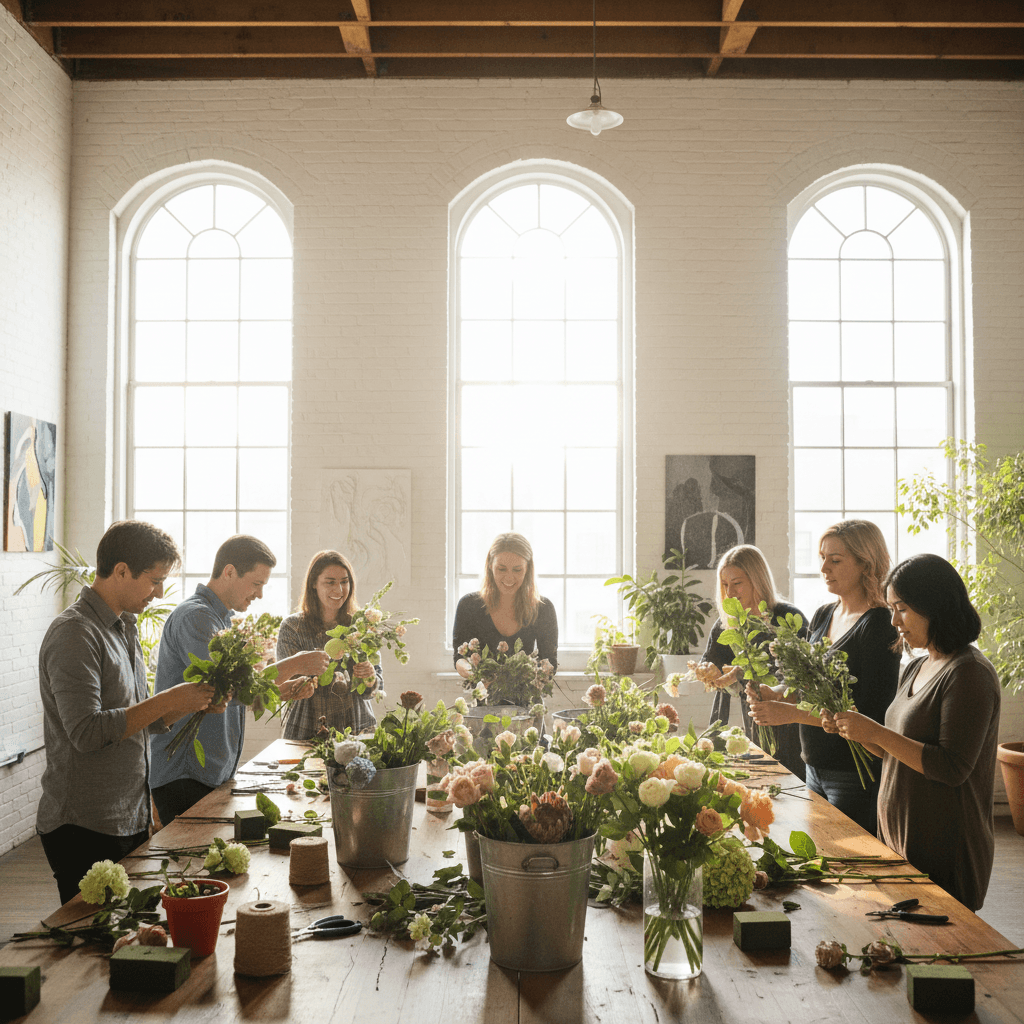 Workshop-Teilnehmende beim Arrangieren von Blumen