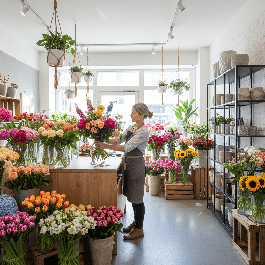 Floristin arrangiert einen Strauß im ArtFlower Studio