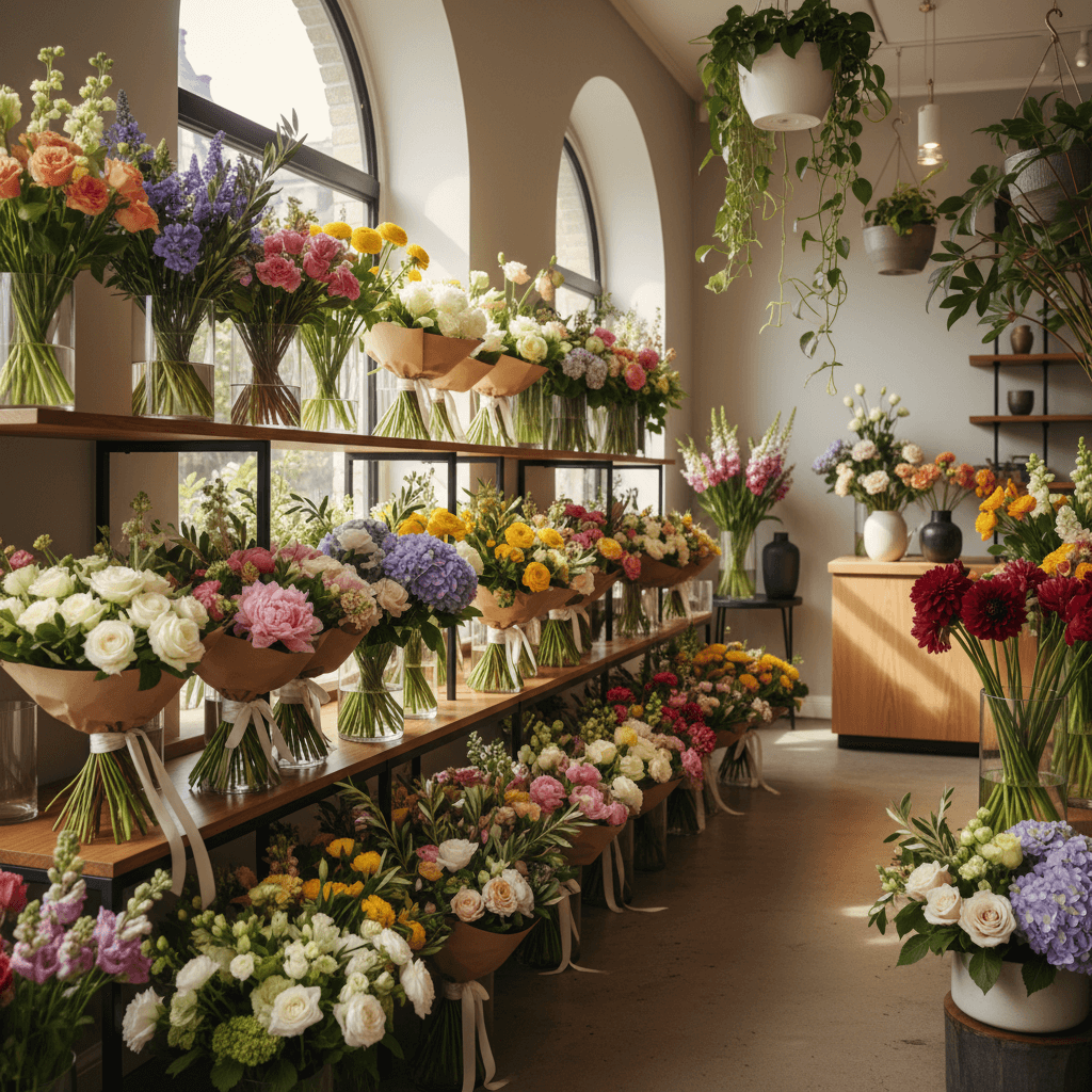 Auswahl an frischen Sträußen und Arrangements im Studio