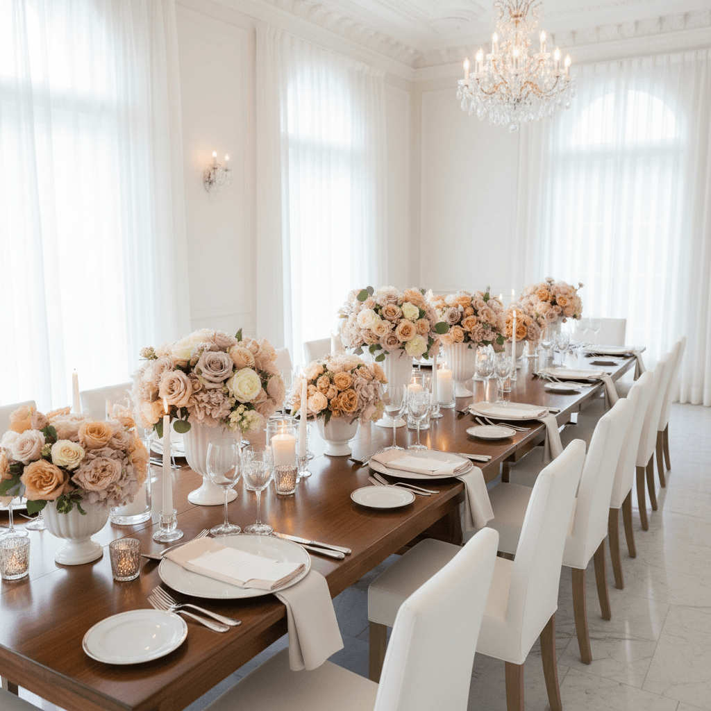 Florale Tischdekoration für eine Hochzeit